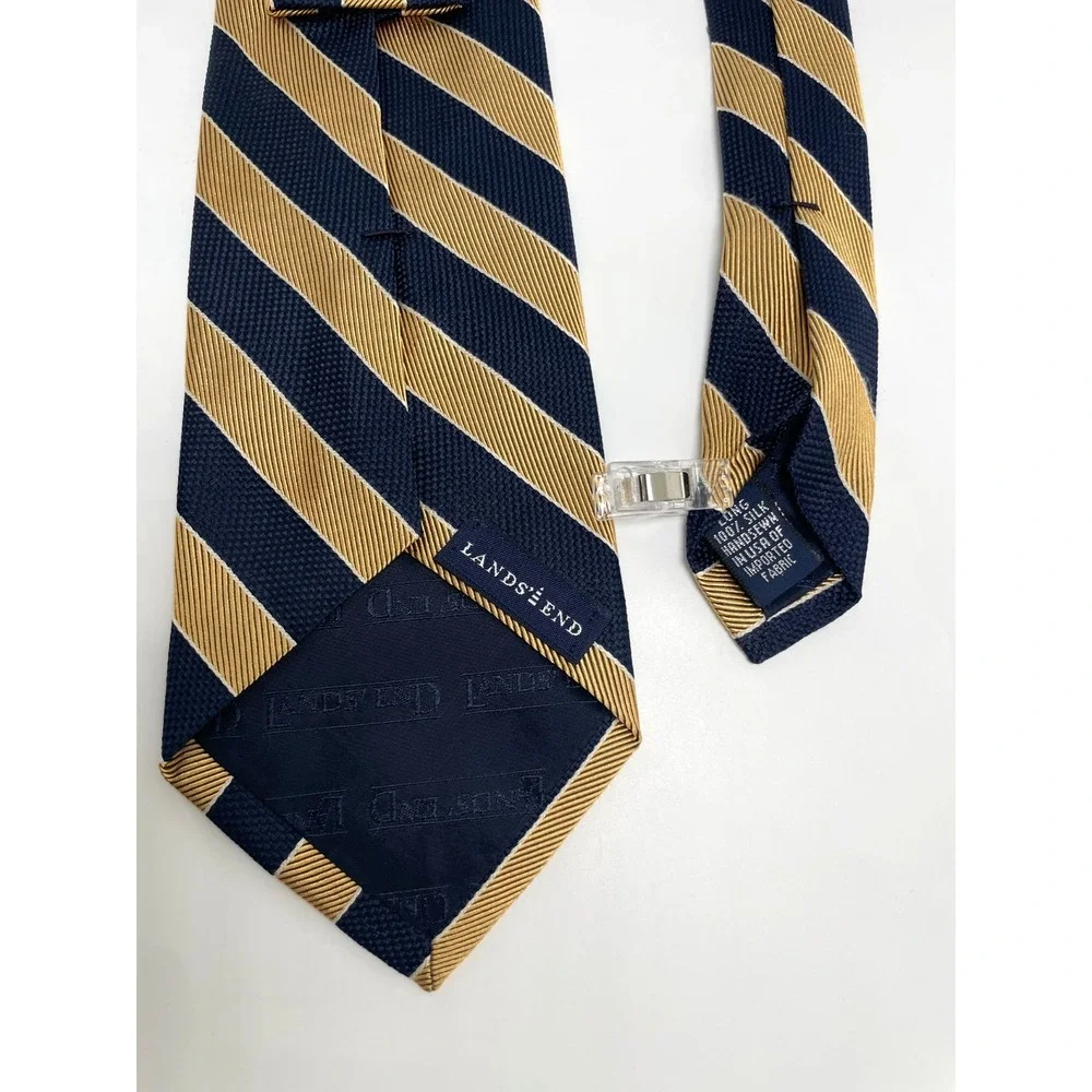 Lands End Repp Tie Neck Stripe Gold Navy Silk USA Made Long Preppy Ivy Diagonal